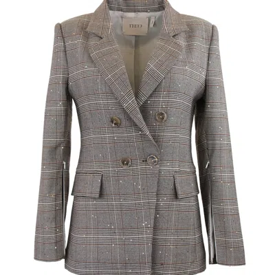 Theo The Label Eudora Split Sleeve Sequined Prince Of Wales Jacket In Brown