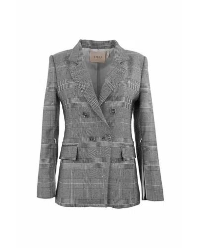 Theo The Label Eudora Split Sleeve Sequined Prince Of Wales Jacket In Gray