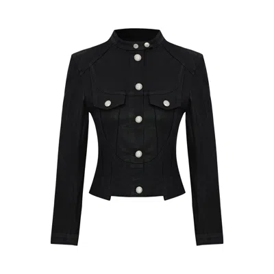Pcfg Pure Cotton Shiny Coated Women Denim Jacket In Black