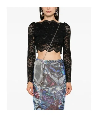 Rabanne Fitted Cropped Lace Top With Long Sleeves In Black