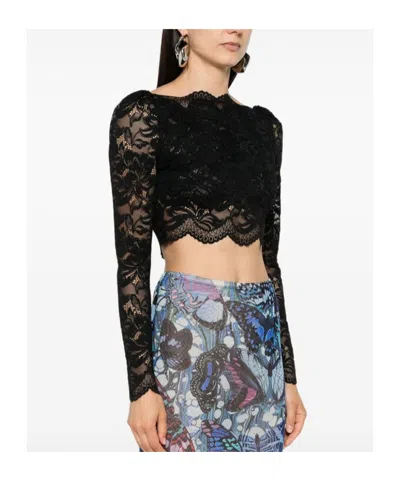 Rabanne Fitted Cropped Lace Top With Long Sleeves In Black
