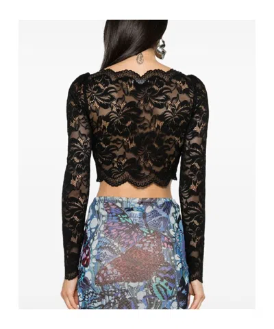 Rabanne Fitted Cropped Lace Top With Long Sleeves In Black