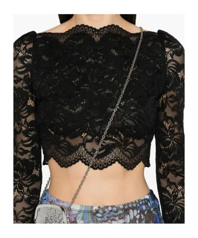 Rabanne Fitted Cropped Lace Top With Long Sleeves In Black