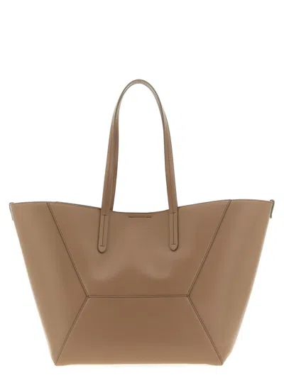 Brunello Cucinelli Beige Tote Bag With Logo Lettering On The Front And Geometric Panels Design In Leather Woman In Sand
