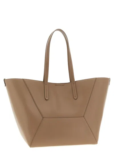 Brunello Cucinelli Beige Tote Bag With Logo Lettering On The Front And Geometric Panels Design In Leather Woman In Sand