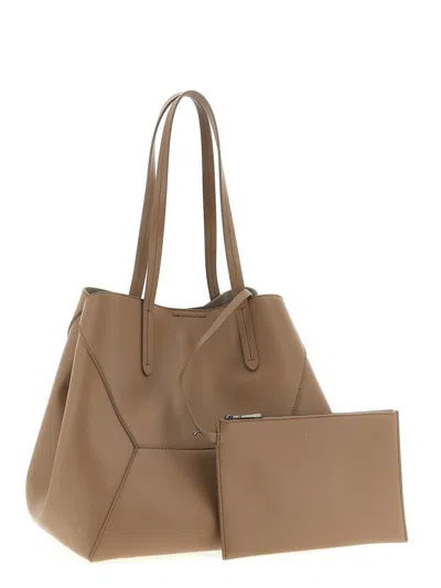 Brunello Cucinelli Beige Tote Bag With Logo Lettering On The Front And Geometric Panels Design In Leather Woman In Sand