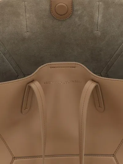 Brunello Cucinelli Beige Tote Bag With Logo Lettering On The Front And Geometric Panels Design In Leather Woman In Sand