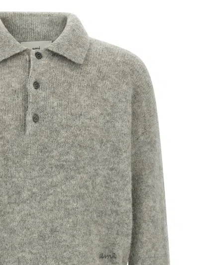 Ami Alexandre Mattiussi Light Grey Knit Sweater With Polo Collar And Three-button Placket In Black