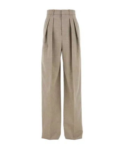 Saint Laurent Wide Leg Pleated Trousers Pockets In Brown