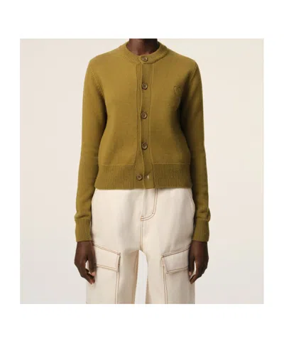 Ami Alexandre Mattiussi Ami De Coeur-embossed Cardigan In Lichen