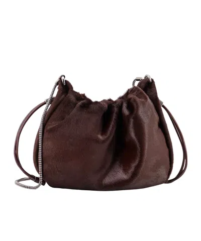Brunello Cucinelli Mellow Mini Bucket Bag In Calf Hair With Precious Chain In Brown