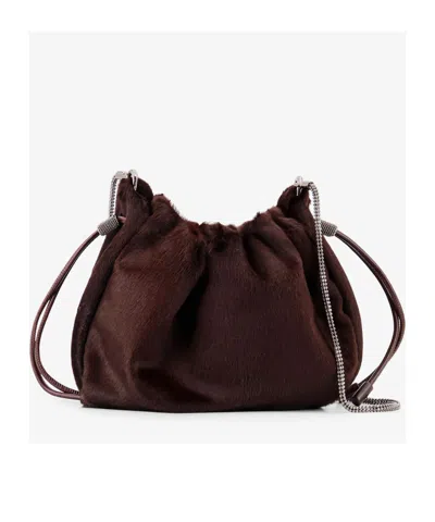 Brunello Cucinelli Mellow Mini Bucket Bag In Calf Hair With Precious Chain In Brown