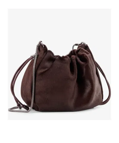 Brunello Cucinelli Mellow Mini Bucket Bag In Calf Hair With Precious Chain In Brown