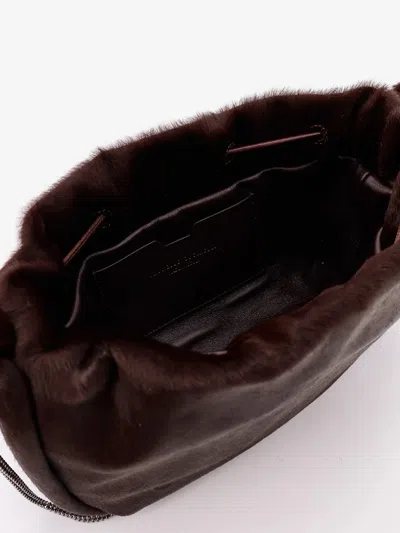 Brunello Cucinelli Mellow Mini Bucket Bag In Calf Hair With Precious Chain In Brown