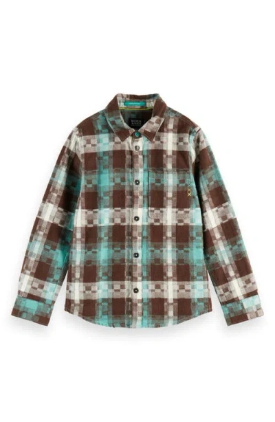 Scotch & Soda Kids' Pixelated Check Cotton Flannel Button-up Shirt In Multi