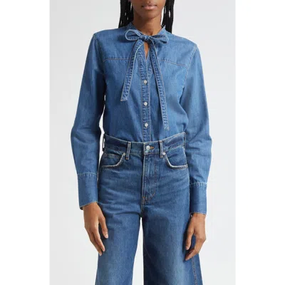 Veronica Beard Gabby Tie Neck Button-up Denim Shirt In Blue
