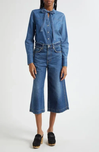 Veronica Beard Gabby Tie Neck Button-up Denim Shirt In Blue