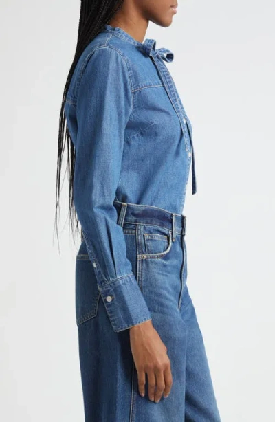 Veronica Beard Gabby Tie Neck Button-up Denim Shirt In Blue