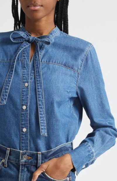 Veronica Beard Gabby Tie Neck Button-up Denim Shirt In Blue