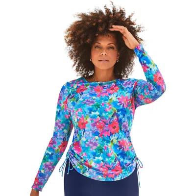 Swimsuits For All Adjustable Side Tie Long Sleeve Swim Tee With Built-in Bra In Blue