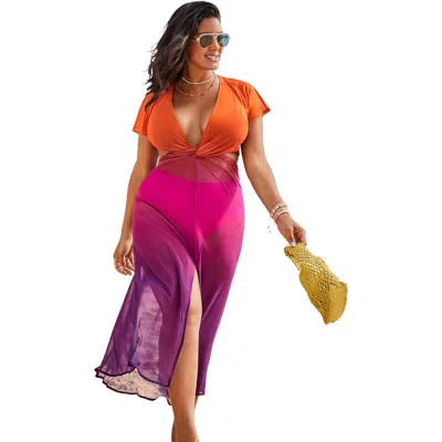 Swimsuits For All Twist Front Mesh Cut-out Cover Up Dress In Multi