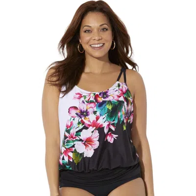 Swimsuits For All Loop Strap Blouson Tankini Top In Black