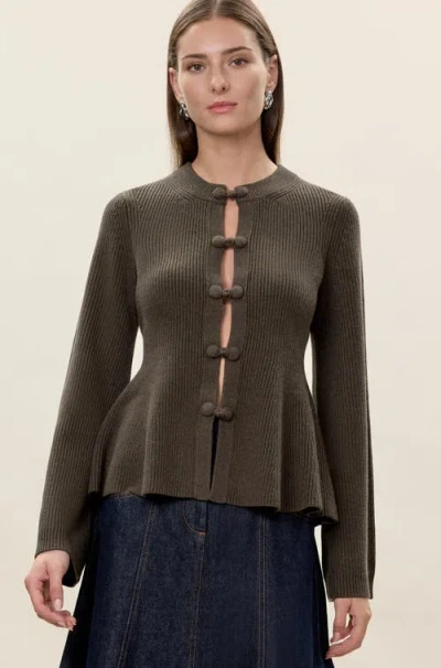 Rebecca Taylor Rhea Knit Peplum Cardigan In Olive In Gray