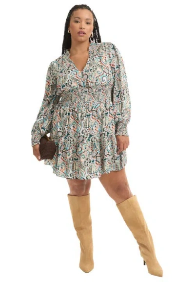 June + Vie Smocked Georgette Tunic In Multi