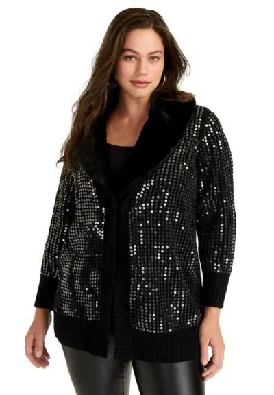 June + Vie Sequin Button-up Sweater In Black