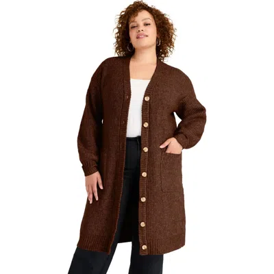 June + Vie Midi-length Button-down Cardigan In Brown