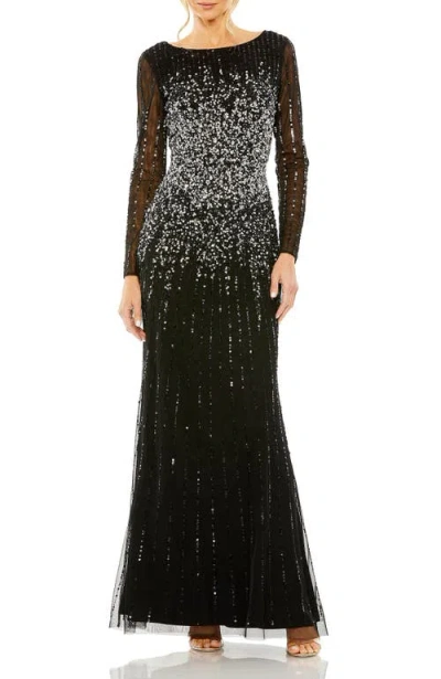 Mac Duggal Sequin Embellished Bateau Neck Long Sleeve A-line Gown In Black