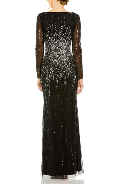Mac Duggal Sequin Embellished Bateau Neck Long Sleeve A-line Gown In Black