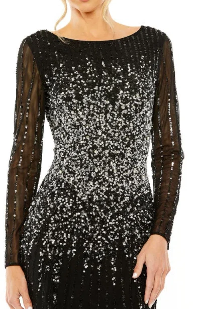 Mac Duggal Sequin Embellished Bateau Neck Long Sleeve A-line Gown In Black