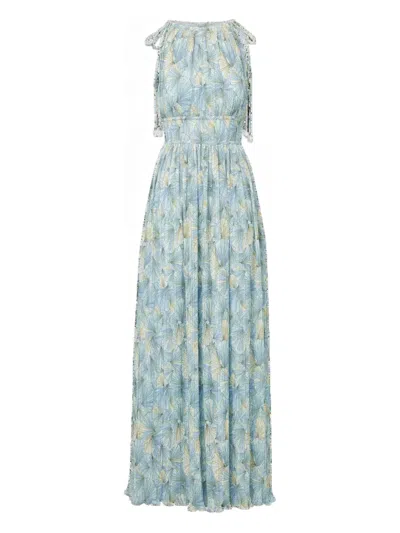 Veronica Beard Yardley Floral Pleated Chiffon Gown In Blue