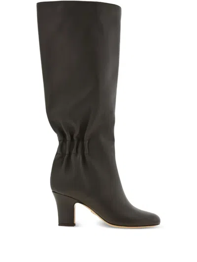 Ferragamo Knee-high Boots With Curled Design And Block Heel In Brown