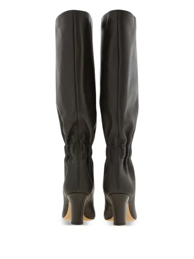 Ferragamo Knee-high Boots With Curled Design And Block Heel In Brown