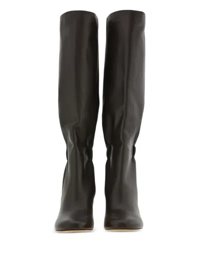 Ferragamo Knee-high Boots With Curled Design And Block Heel In Brown