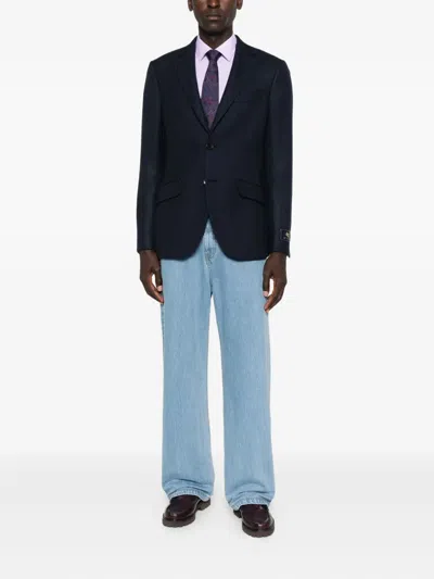 Etro Notched Patterned Blazer In Blue