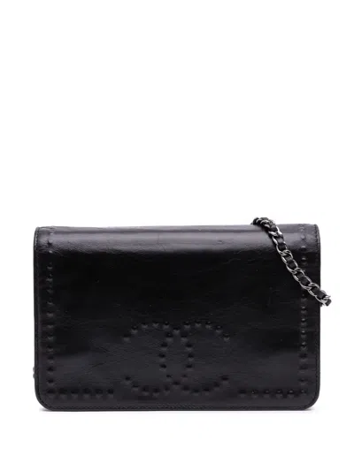 Pre-owned Chanel 2013-2014 Cc Embossed Lambskin Wallet On Chain Crossbody Bag In Black