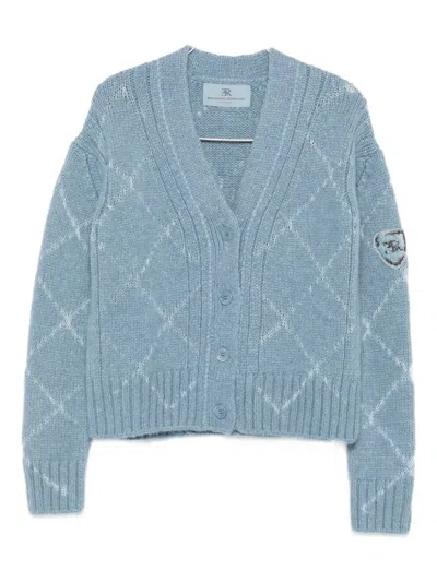 Ermanno Scervino Alpaca And Merino Blend Cardigan With Diamond Pattern And Microcrystal Logo In Blue