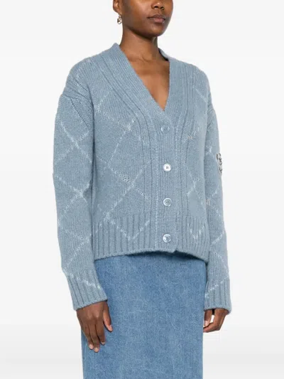 Ermanno Scervino Alpaca And Merino Blend Cardigan With Diamond Pattern And Microcrystal Logo In Blue