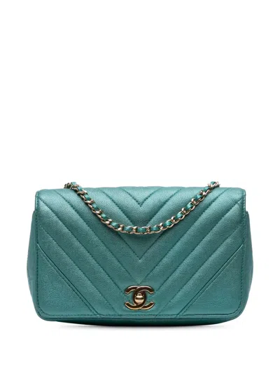 Pre-owned Chanel 2019 Small Chevron Caviar Statement Flap Shoulder Bag In Blue