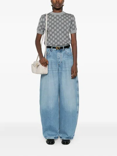 Gucci Grey Reversible Crewneck Sweater With Ribbed Trims In Gg Wool Jacquard Woman In Gray