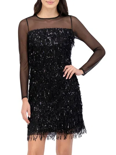 Eliza J Illusion Sequin Fringe Shift Dress In Black