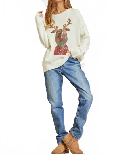 Andree By Unit Christmas Rudolph Sequin Long Sleeve Sweater In Ivory In White