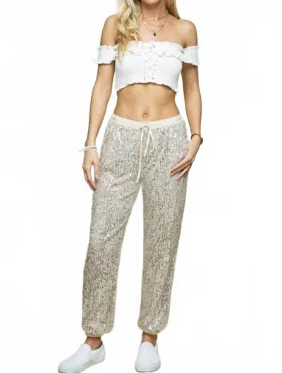 Levee Elastic Waist Band Sequin Joggers In Champagne In White