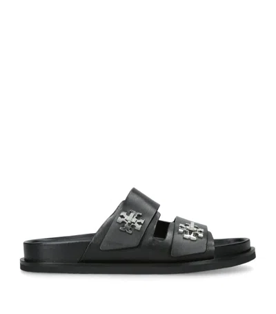 Tory Burch Double Strap Leather Flat Sandals In Black