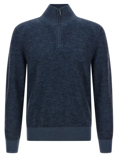 Brioni High Collar Long Sleeve Knit Pullover In Blue