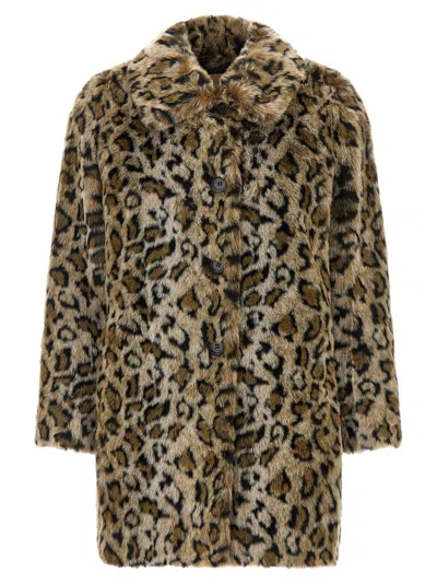 Twinset Brown Coat With Notched Collar And All-over Leopard Motif In Ecofur Woman In Animal Print