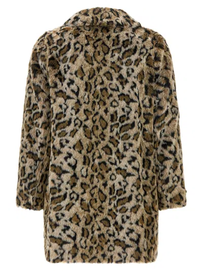 Twinset Brown Coat With Notched Collar And All-over Leopard Motif In Ecofur Woman In Animal Print